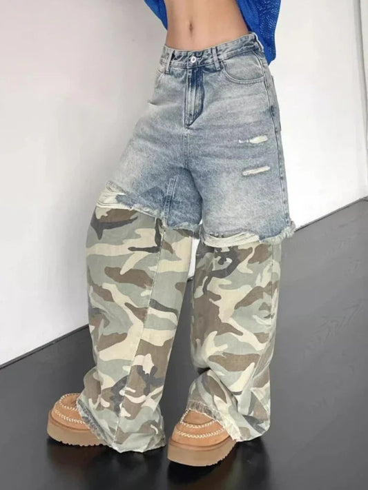 Camouflage Spliced Ripped Jeans for Hip Hop Y2k Baggy Wide Leg Denim Pants Trousers