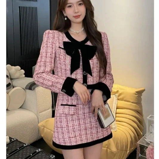 Autumn Winter Tweed Two-piece Skirt Set Short Jacket Coat + Mini Skirt Suits Korean Female Outfits