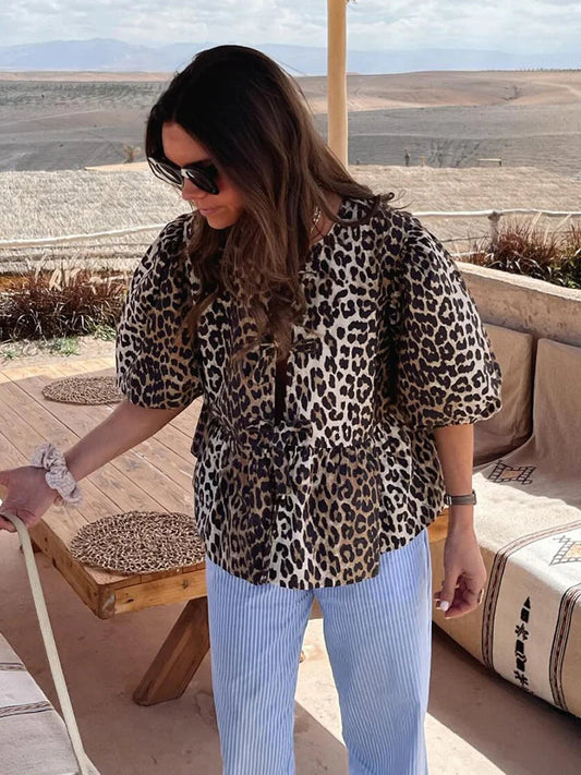 Summer Loose Puff Short Sleeves Tops for Woman Leopard Printed Lace Up Round Neck Tshirt Female Blouse Top