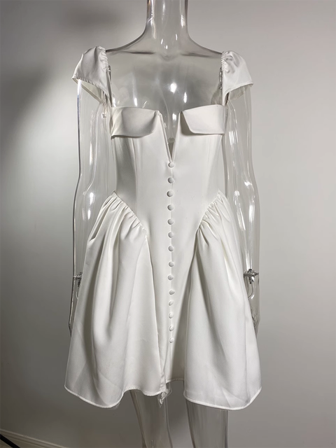 White Backless Mini Dress for Square Collar Short Sleeve High Waist A-line Club Party Dress