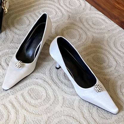 Silk Rhinestone High Heels Pointed Toe Pumps Office Shoes Female Shallow Brand Banquet Dress Shoes