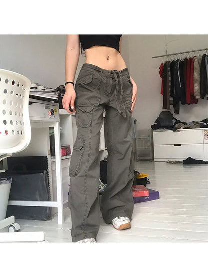 Woman Allmatch Jeans Denim Pants Cargo Pants Multiple Pockets Tunic Trousers Low Waist Baggy Ins