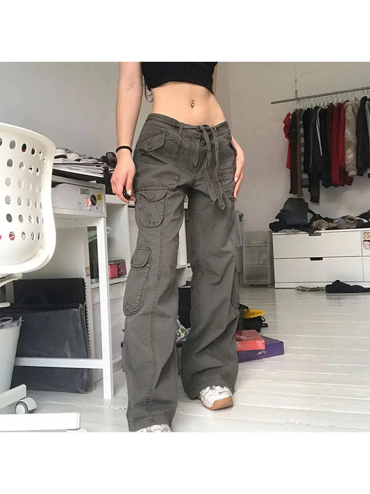 Woman Allmatch Jeans Denim Pants Cargo Pants Multiple Pockets Tunic Trousers Low Waist Baggy Ins