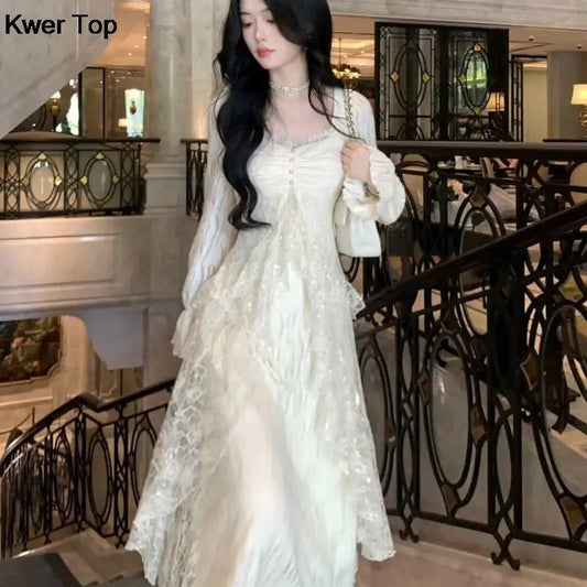 Autumn Winter New Midi Dresses for Lace Ruffles Flare Sleeve Aline Birthday Party Dress Korean Vestidos Mujer