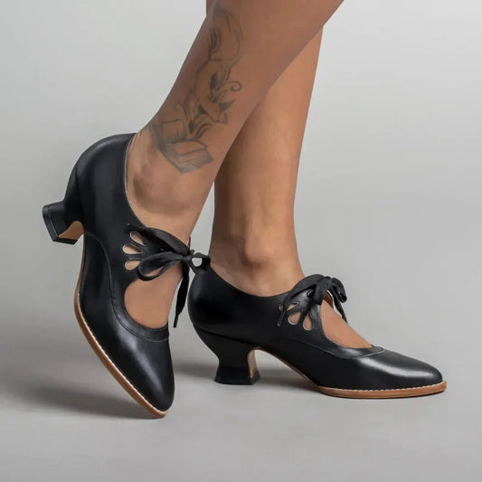 Retro Mary Jane Pumps Woman Lace Up Low Heel Dress Zapatos Brand Design Butterfly Wing Derby Shoes 43