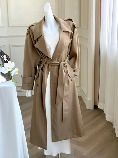 Autumn British Style Long Trench Lapel Double Breasted Coat With Belt Korean Windbreaker Outerwear Jackets