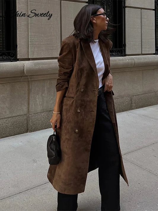 Lapel Suede Long Jacket Oversized Double-breasted Trench Overcoat Autumn Lady Commute Outerwear New