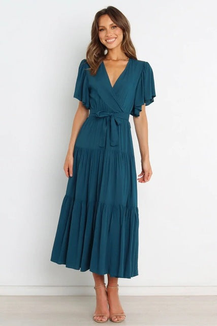 Color Ruffles Long Dresses V-neck Ruffle Sleeves Leace-up Temperament Lady Dress Summer New