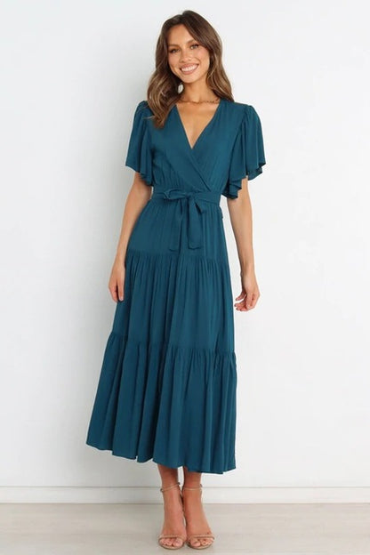 Color Ruffles Long Dresses V-neck Ruffle Sleeves Leace-up Temperament Lady Dress Summer New