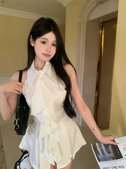 White Ruffle Edge Polo Neck Sleeveless Shirt Top Summer French Style Mid Length Waist Slim Blouses Clothing