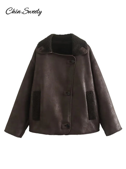 ’s Leather Jacket Loose Thick Warm Lapel Single Breasted Long Sleeve Fleece Jacket Fall Winter Street Outwear