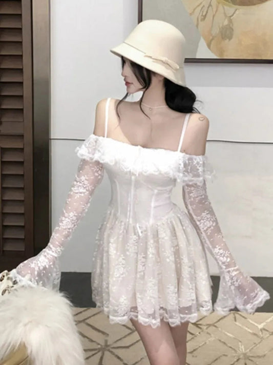 Lace Mini Dress for Sweet Slash Neck Spaghetti Strap Flare Long Sleeves Ruffle Slim Party Dresses Female Clothing New