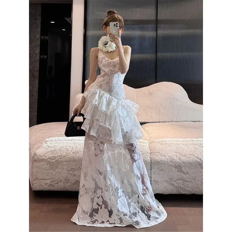 Summer White Strap Slip Maxi Dress Flower Backless Printed Lotus Leaf Edge French Light Evening Dresses for