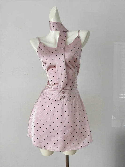 Summer Vacation Korean Rave Gyaru Coquette Birthday 2000s Polka Dot Night Club Outfits 2 Piece Set Camisole + Mini Skirt