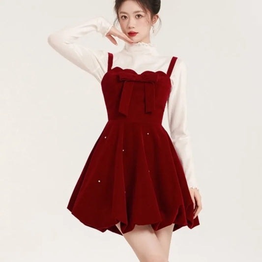 Christmas Two-piece Dress Set Sweater A-line Velvet Sleeveless Short Dress Korean Female Autumn New Outfits
