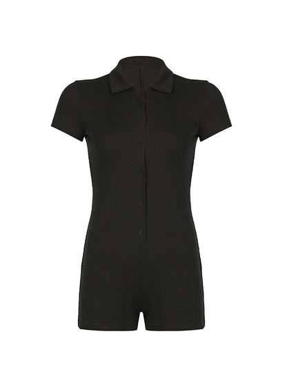 Button Up Turn Down Collar Short Sleeve Slim Ribbed Rompers Playsuit Basic Summer Shirts