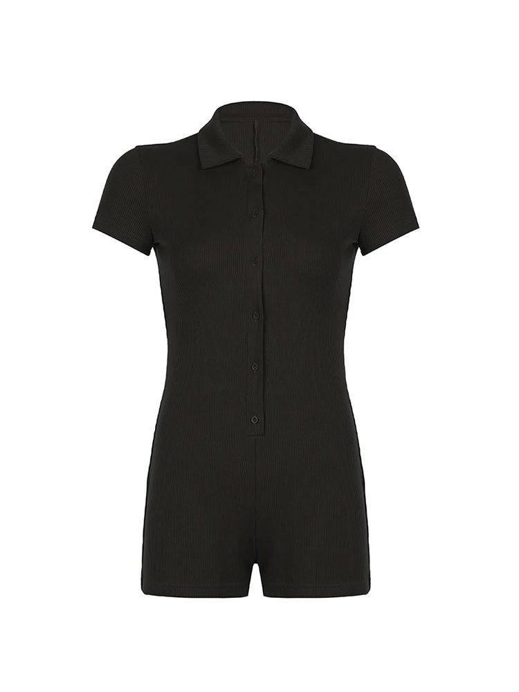 Button Up Turn Down Collar Short Sleeve Slim Ribbed Rompers Playsuit Basic Summer Shirts