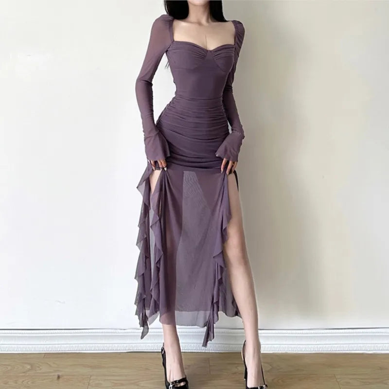 High Slit Bodycon Midi Dresses for Square Collar Long Sleeve Slim Evening Party Dress Club Prom Robe Y2k Vestidos New