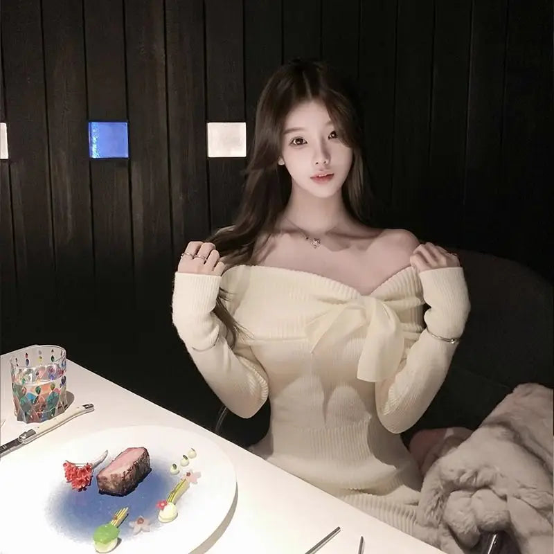 Knitted Dresses Slash Neck Bow Slim Stretch Off Shoulder Winter Spring Party Sweater Dress Sweet
