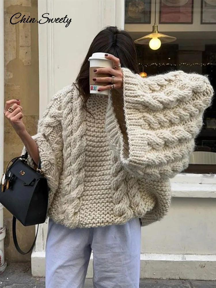 Knit Oversize High Neck Jumper Sweater Lazy Round Neck Ribbed Pullover Female Autumn Winter Thick Warm Lady Knitwear