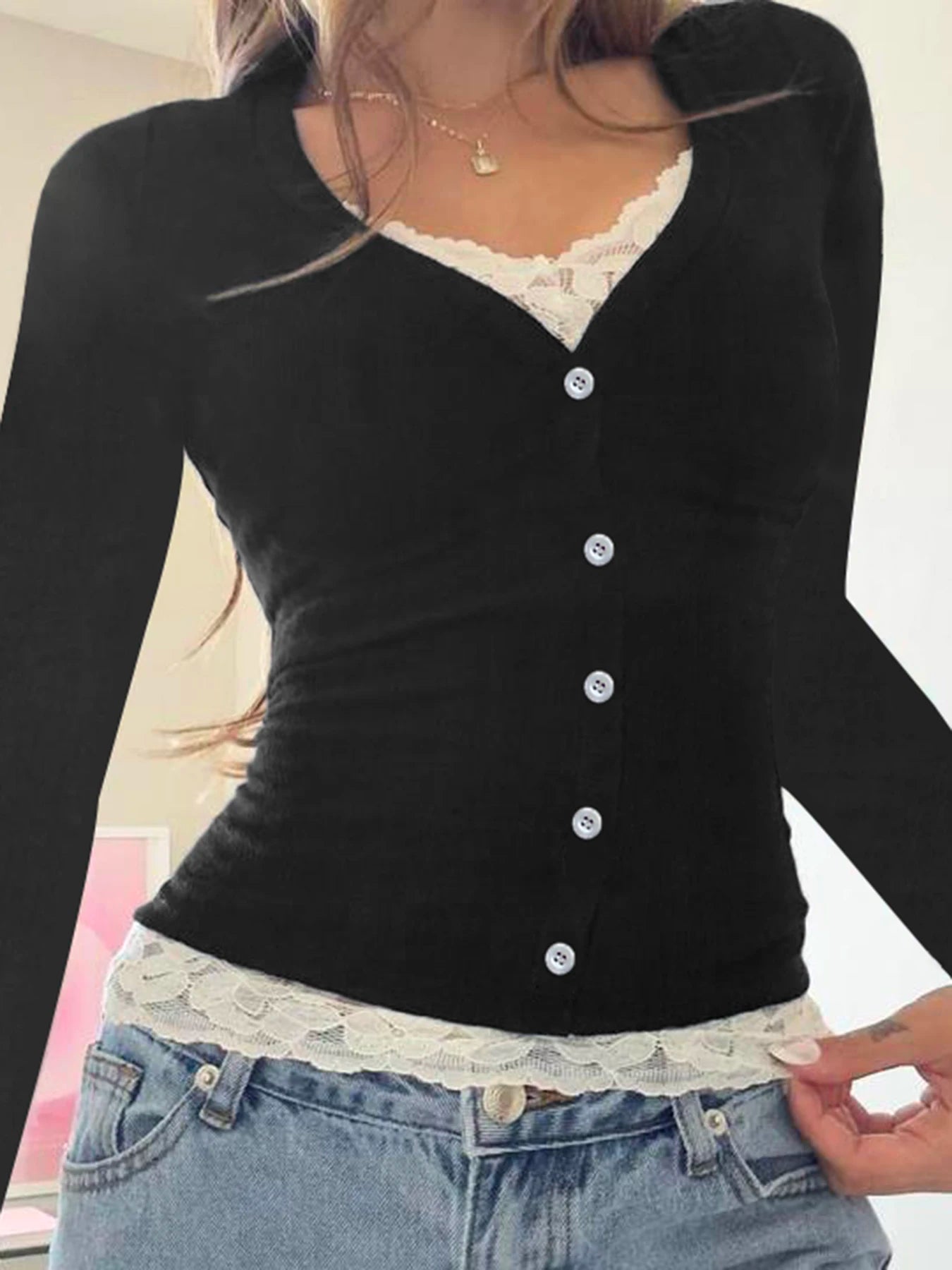 Contrast Lace Patchwork Y2k Slim Long Sleeve Black T-shirts Button Up V Neck Basic Spring Autumn Tee