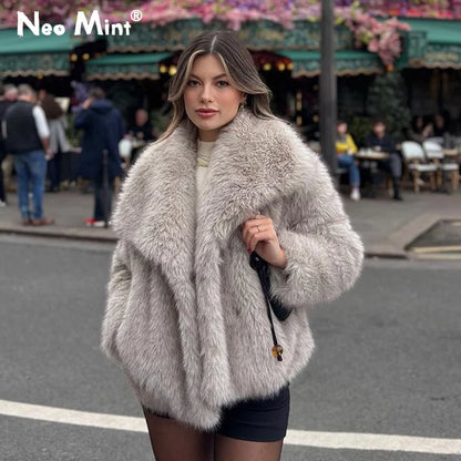 Winter New Gradient Fluffy Fur Coat High Street Big Fur Collar Faux Fox Fur Jacket Female Overcoats
