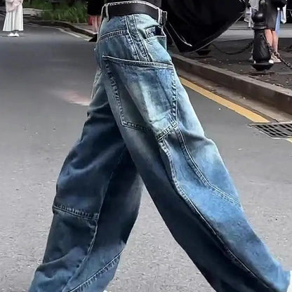 Fashionable High Street Straight Loose Jeans Simple Pocket Loose Wide-leg Jeans Harajuku Style Hip Hop Y2k Pants Baggy Pants