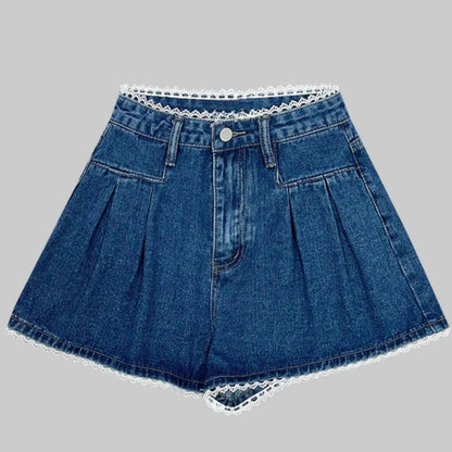 Spring Summer Lace Patchwork Denim Short Pants High Waist Loose Jeans Wide Leg Shorts for