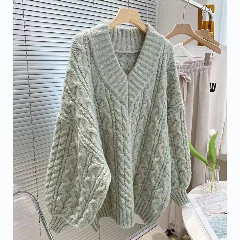 Oversized Sweater Preppy Pink V Neck Knitted Pullovers Harajuku Korean Long Sleeve Knitwear Winter Jumpers
