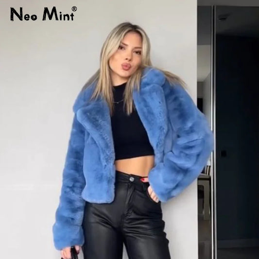Ins Street Blue Cropped Plush Fur Coat Winter New Trend Faux Rabbit Fur Jacket Coats Short Outwear