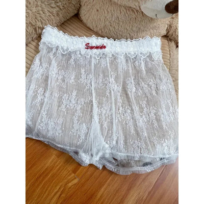 Summer New Letter Embroidery Seethrough White Lace Shorts + Laceup Striped Shorts Twopiece Suit