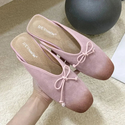 Mixed Color Bow Satin Square Toe Flat Slippers Comfortable Shallow Mule Shoes Zapatillas De Mujer