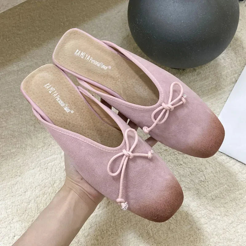 Mixed Color Bow Satin Square Toe Flat Slippers Comfortable Shallow Mule Shoes Zapatillas De Mujer