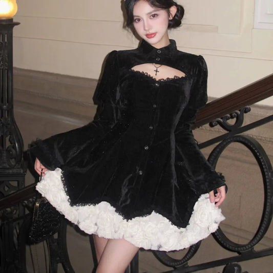Y2k Gothic Black Mini Dresses Flare Sleeve O-neck Hollow Out Ruffles Patchwork A-line Korean Party Dress Autumn New