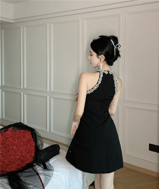 Summer Mini Dress Black Oneck Shine Diamond Beading Slim Gown Femme Evening Party Banquet Runway