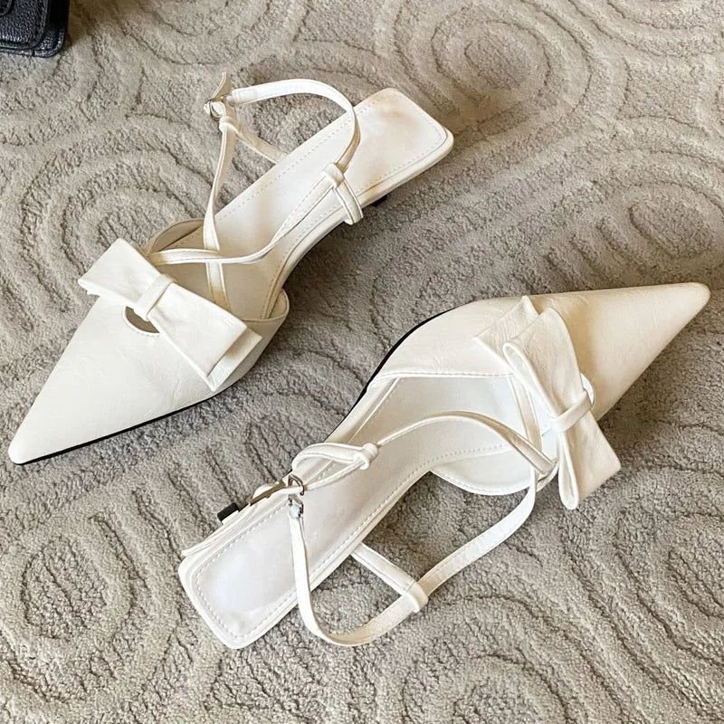 New Butterflyknot Buckle Strap Pumps Woman Pointed Toe Thin Low Heels Shoes