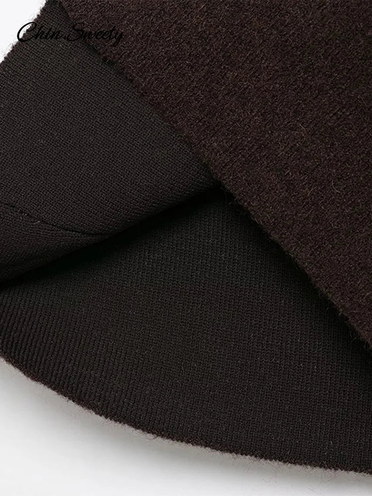 Brown Skirt Suits Knitted O-neck Long Sleeve Metal Button Cardigan High Waist A-line Mini Skirts Spring Lady Outfit