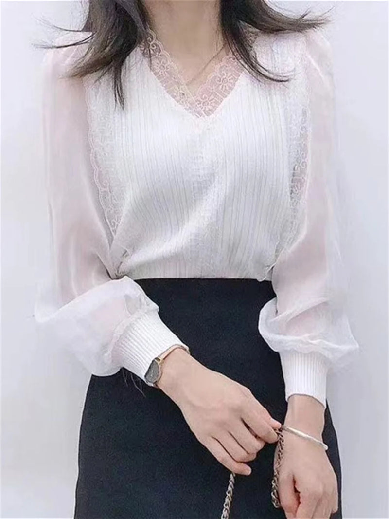 Spring Autumn Style Blouses Tops Lady Long Sleeve V-neck Lace Blusas Tops Df4452