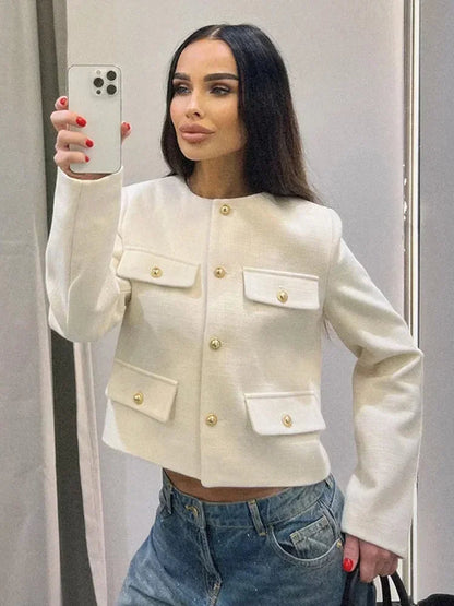 Button Fake Pocket Jacket O-neck Long Sleeve Single Breasted Cropped Coats New Lady Outerwear