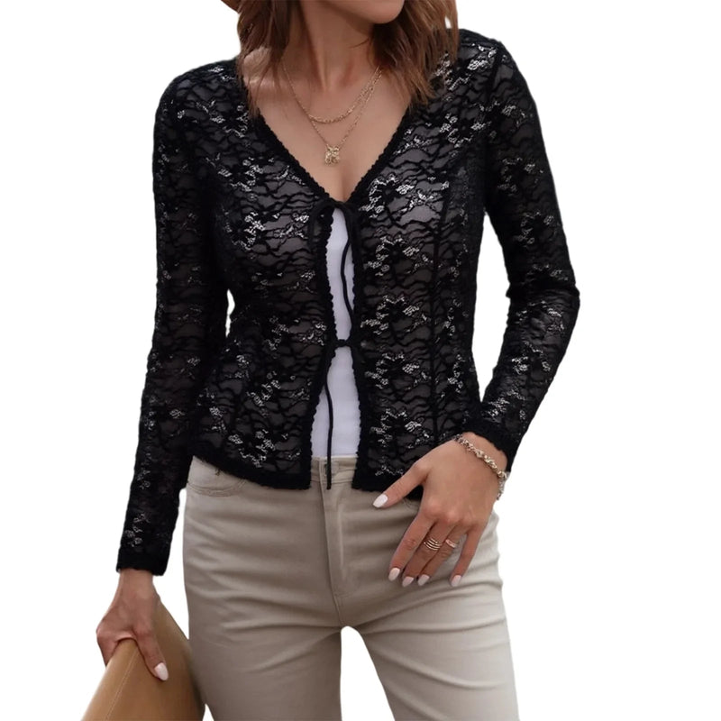 Lace Trimmed V-neck Blouse With Tie Front Detail and Long Sleeves - Stylish S Shirt for Street Style