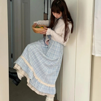 Blue Plaid Woolen Retro Plaid Lace Skirt Autumn Winter New High Waist Slimming Aline Mid Length Long Skirt