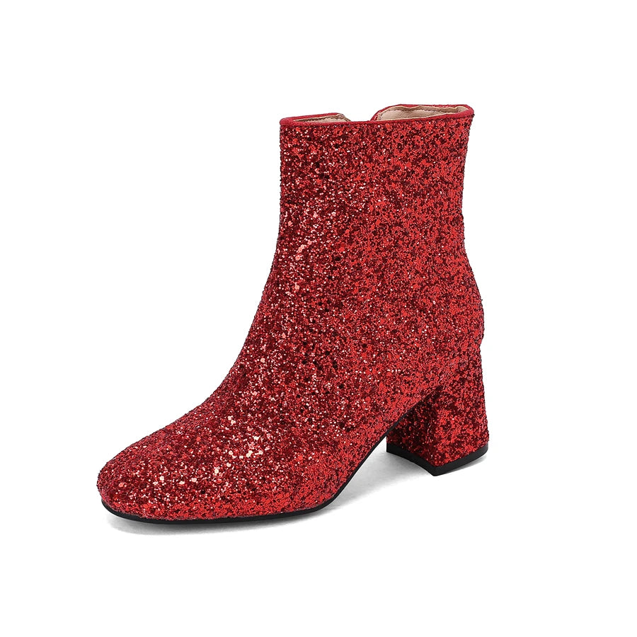 Big Size 48 49 50 Gold Silver Blue Sequined Cloth Glitter Winter Shoes Chunky High Heels Bling Party Ankle Chelsea Boots