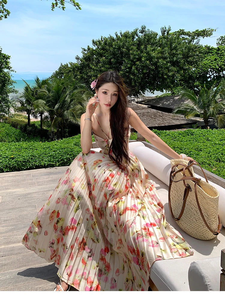 Print Long Dresses for Backless Laceup Party Dress Summer Holiday Beach Pleated Aline Vestidos Robe