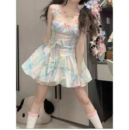 Rainbow Dresses Sweet Sleeveless Bow Slash Neck Sweet Summer Bud Mini Dress Female Party