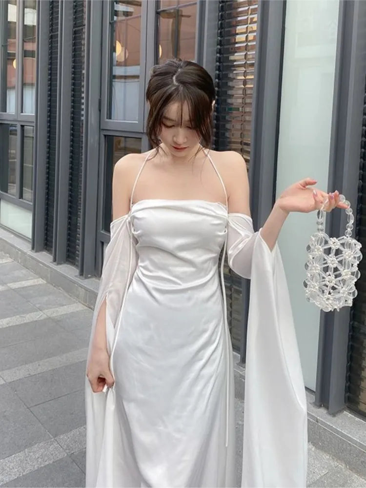 Summer Satin Silky Off Shoulder Slim White Cocktail Dress Lady Party Maxi Dress Vestidos De Fiesta Para Bodas