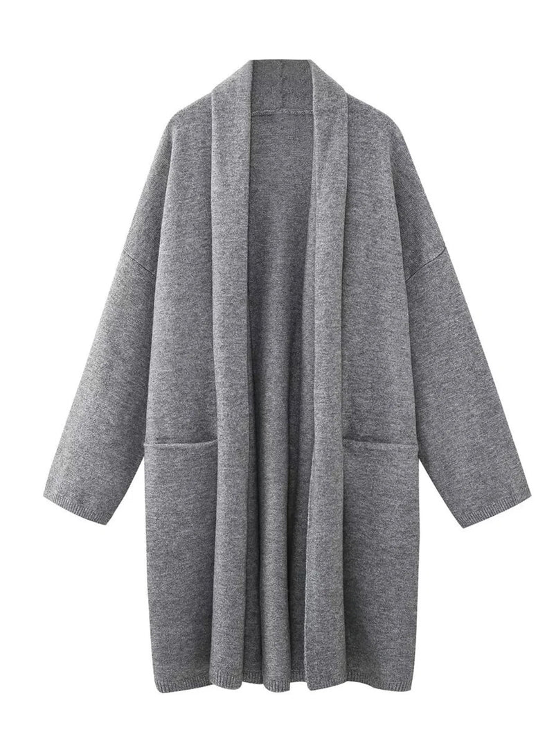 Gray Loose Open Stitch Sweater Cardigan Spring Pockets Long Sleeve Oversized Knit Sweaters Coat New Top