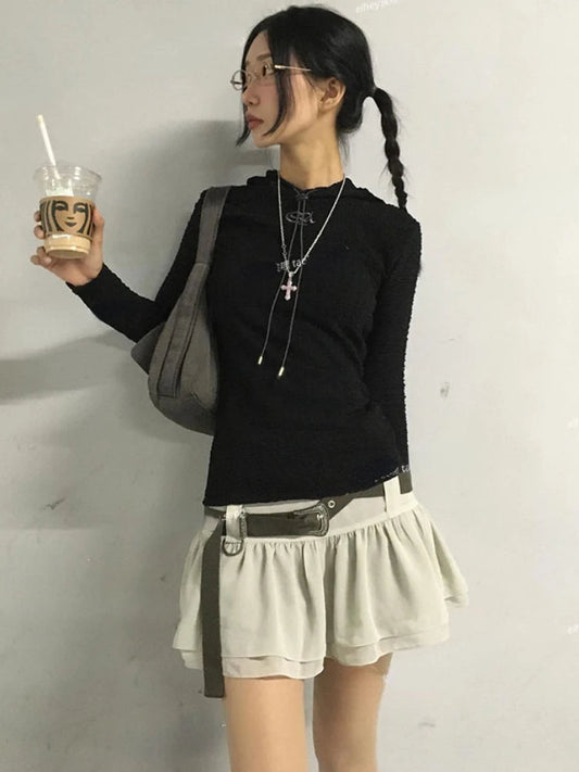 Spring and Summer Korean Retro High Street Low Waist Ruffles Skirt With Belt Mini Skirt