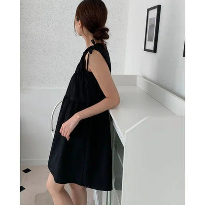 High Street Laceup Pleated Loose Tank Dress Summer New Korean Oneck Color Sleeveless Mini Dress