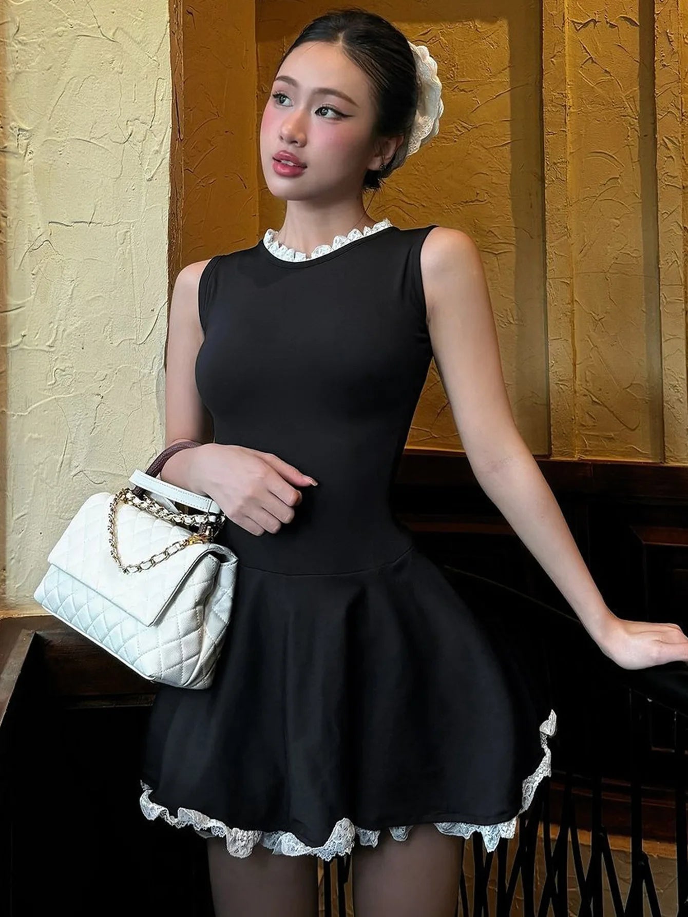 Splice Lace Mini Dress for High Waisted Slim Folds Aline Hem Dresses Sleeveless Evening Party Dress Lady