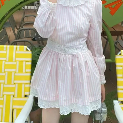 Sweet Dresses Lace Patchwork Striped O Neck Spring Peter Pan Collar Long Sleeve Mini Dress Party Female